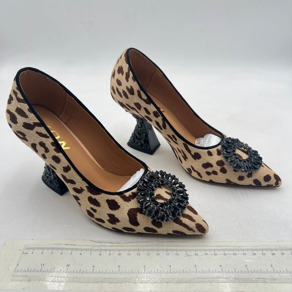 YDN Leopard Studded Buckle Pump Rhinestone Slip On Crystal Chunky High Heel Shoe - Picture 4 of 8